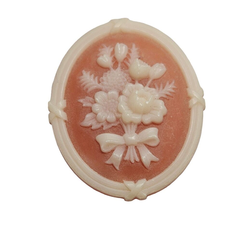 Raised Bouquet Flowers Brooch Framed Cameo Oval Shaped Vtg Floral Pin Revival - Picture 7 of 7